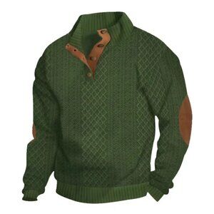 Men's Casual Sweatshirt w/Faux Suede Patched Elbows and a Wooden Button Placket